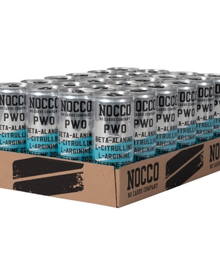 Ett flak 24-pack NOCCO PWO Blue Raspberry energidryck